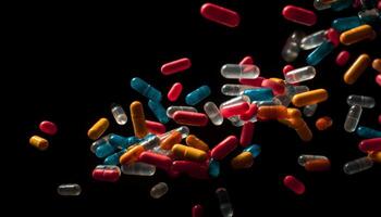 multi coloré pilules répandre, abstrait modèle de dépendance génératif ai photo