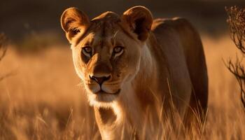 majestueux lionne en marchant dans savane à crépuscule génératif ai photo