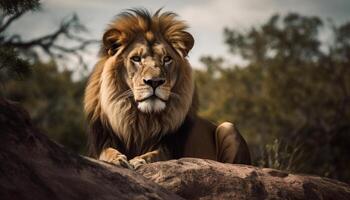 majestueux lionne dans le savane, concentrer sur sa puissant crinière généré par ai photo
