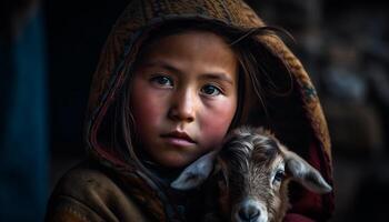souriant fille avec velu chèvre sur ferme généré par ai photo