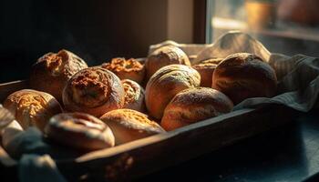 fraîchement cuit rustique pain sur en bois table généré par ai photo