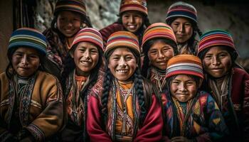 souriant groupe dans traditionnel Vêtements diverse ethnies ensemble généré par ai photo