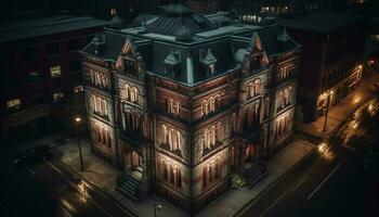 illuminé gothique architecture reflète ville la vie à nuit génératif ai photo