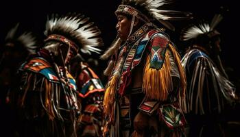 coloré indigène des cultures dansant avec traditionnel Vêtements génératif ai photo