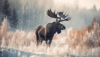 cornu cerf broute dans tranquille hiver Prairie généré par ai photo