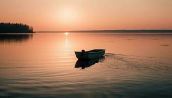 tranquille le coucher du soleil sur bleu eau, canot à rames réflexion généré par ai photo