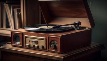 nostalgique gramophone en jouant dans vieux façonné boîte de nuit généré par ai photo