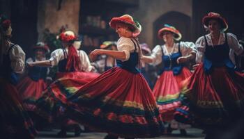 coloré traditionnel Vêtements sur danseurs à Festival généré par ai photo