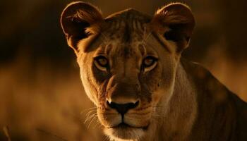 majestueux lionne regarder à caméra dans savane généré par ai photo