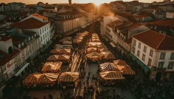 le coucher du soleil illumine ancien ville ligne d'horizon, bondé avec touristes généré par ai photo