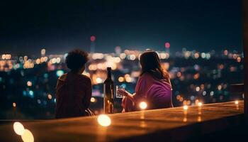 Jeune adultes prendre plaisir vie nocturne dans Urbain horizon généré par ai photo