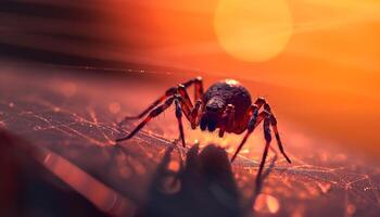 poilu araignée rampe sur feuille à le coucher du soleil généré par ai photo