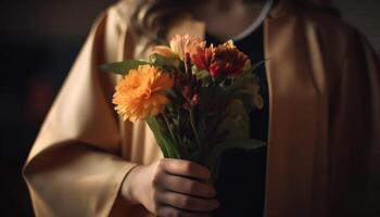 un femme en portant bouquet de Frais fleurs généré par ai photo