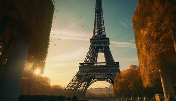 majestueux Eiffel la tour silhouette retour allumé par le coucher du soleil généré par ai photo