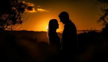 le coucher du soleil romance deux souriant gens embrassement en plein air généré par ai photo