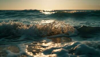 le coucher du soleil le surf éclabousser sur tranquille littoral horizon généré par ai photo