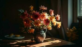 Frais bouquet de multi coloré fleurs sur table généré par ai photo