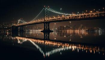 illuminé paysage urbain reflète sur l'eau en dessous de suspension pont généré par ai photo