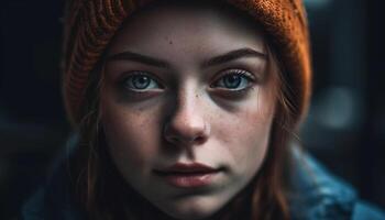 un Jeune femme à la recherche à caméra, souriant généré par ai photo