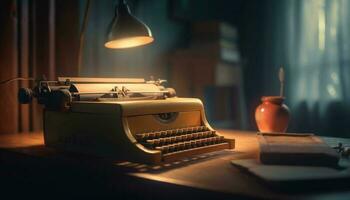 vieux façonné machine à écrire sur rustique en bois bureau généré par ai photo