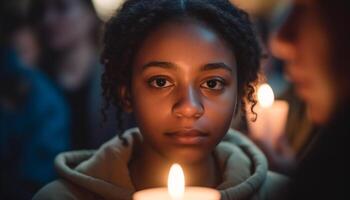 souriant femelles prendre plaisir chandelle, chaleur, et unité généré par ai photo