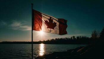 canadien drapeau vagues dans majestueux Montagne paysage généré par ai photo