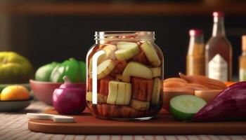 Frais biologique des légumes et des fruits sur en bois table pour en bonne santé en mangeant généré par ai photo