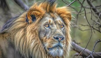 majestueux Lion proche en haut portrait, se concentrer sur ses magnifique crinière généré par ai photo