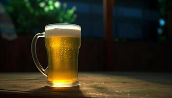 mousseux Bière dans or pinte verre sur en bois pub table généré par ai photo