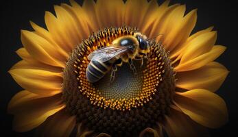 proche en haut de une Jaune mon chéri abeille sur tournesol généré par ai photo