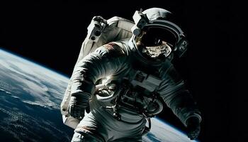 futur astronaute dans noir espace costume surveiller en plein air généré par ai photo