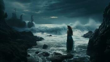 silhouette de un femme, majestueux mer mouvement généré par ai photo