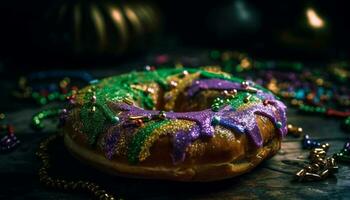 sucré fait maison Donut sur brillant foncé assiette généré par ai photo