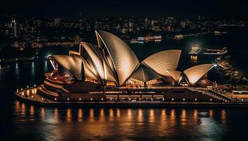 illuminé paysage urbain reflète sur nautique navire à crépuscule généré par ai photo