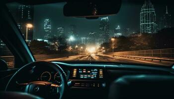 terre véhicule vitesses par illuminé paysage urbain à crépuscule généré par ai photo