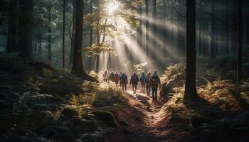 Hommes et femmes randonnée dans luxuriant forêt généré par ai photo