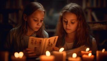 deux mignonne sœurs en train de lire livre par aux chandelles généré par ai photo