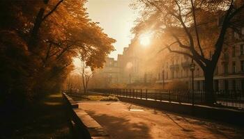 le coucher du soleil illumine ville ligne d'horizon, l'automne feuilles tomber généré par ai photo