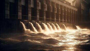 le coucher du soleil illumine moderne gratte-ciel, reflétant dans écoulement l'eau généré par ai photo