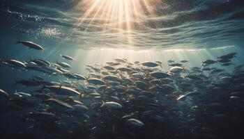 école de poisson nager dans tropical récif généré par ai photo