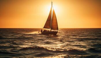 voile yacht à coucher de soleil, équipage profiter loisir généré par ai photo