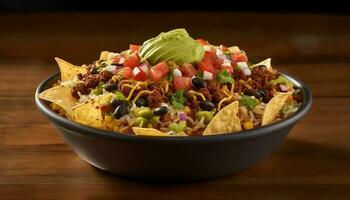 Frais guacamole et du boeuf taco sur galette assiette généré par ai photo