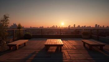 le coucher du soleil paysage urbain, grattes ciels éclairer Urbain horizon silhouette généré par ai photo