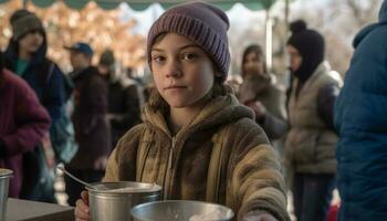 caucasien famille souriant dans hiver à marché généré par ai photo