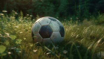 en jouant football sur vert gazon en dessous de lumière du soleil généré par ai photo