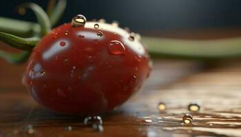 juteux mûr tomate, rosée gouttes, et feuille sur en bois table généré par ai photo