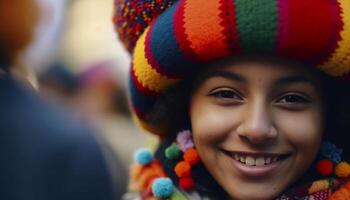 mignonne Jeune adulte souriant en plein air dans hiver, à la recherche à caméra généré par ai photo