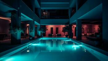 moderne luxe appartement avec brillant bleu éclairage et verre reflets généré par ai photo