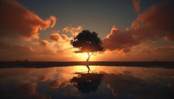 silhouette de arbre contre Orange ciel, tranquille beauté dans la nature généré par ai photo