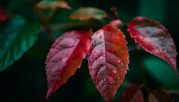 vibrant l'automne feuillage reflète dans rosée gouttes sur feuille veines généré par ai photo